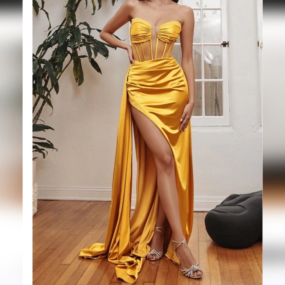 Jolie Strapless Satin Maxi Gown Bundle (Marigold) & Jewelry set